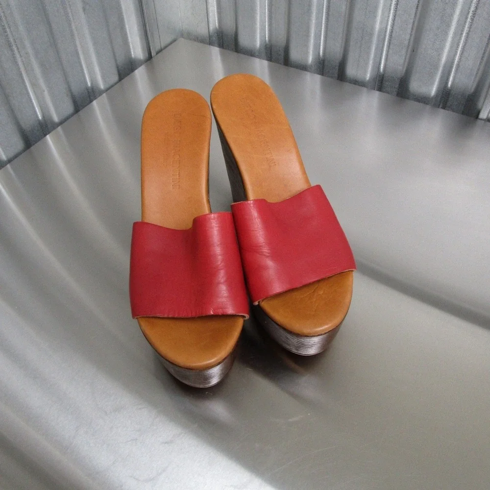 Diego Piacentini Red Leather Wood Platform Wedge Sandals Made in Italy Size 38